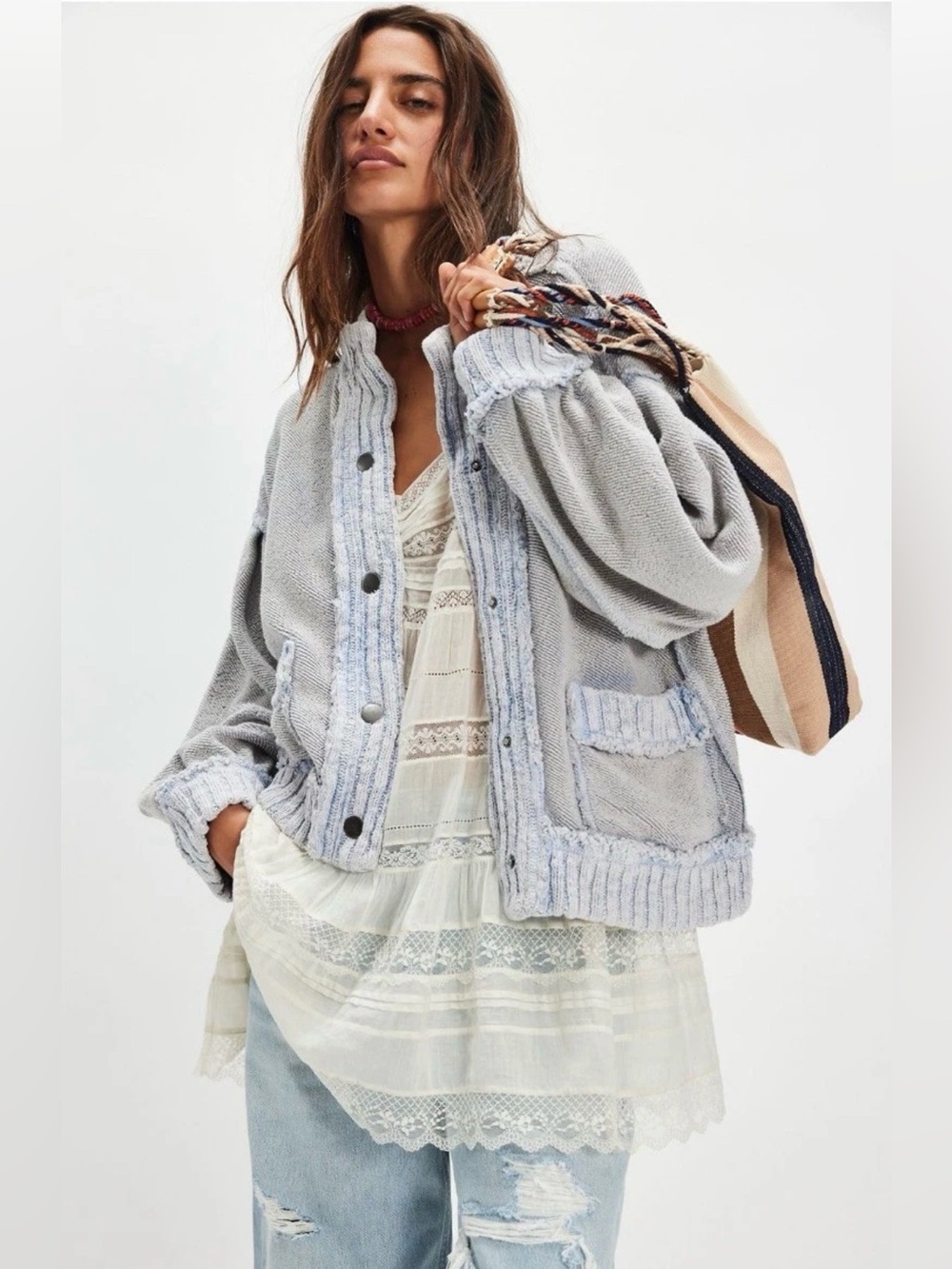 Free People We The Free Cute In The Cardi Sweater Snaps Pocket Quiet Gray